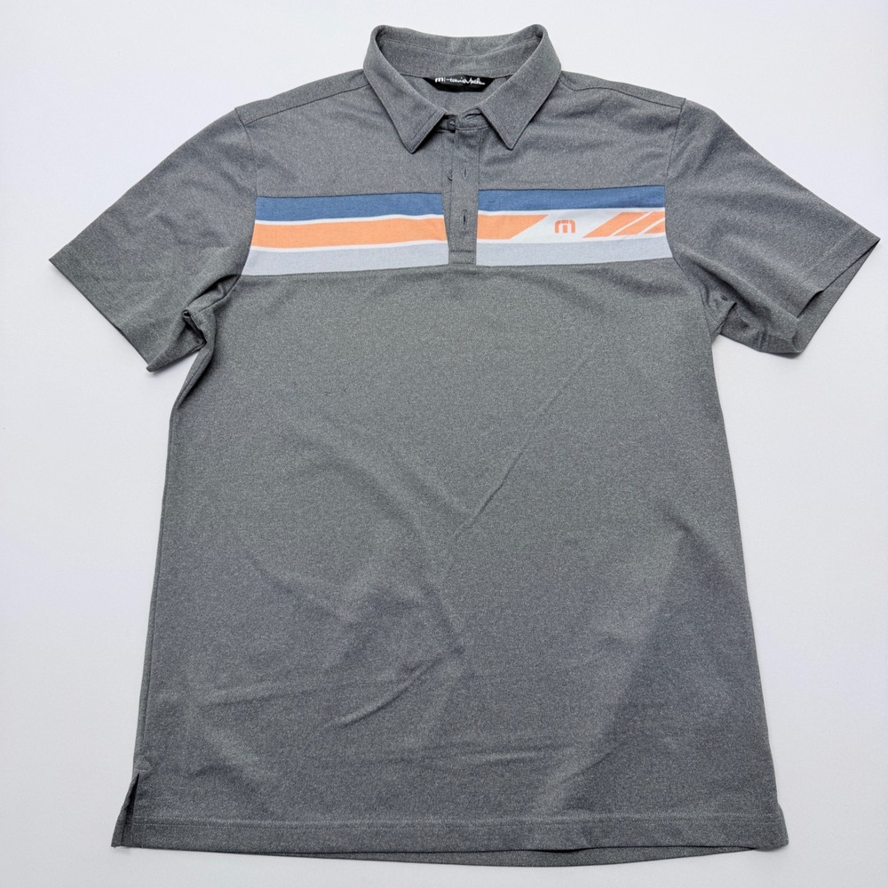 TravisMathew Mens Grey Striped Performance Golf Polo Shirt Size M Short Sleeve